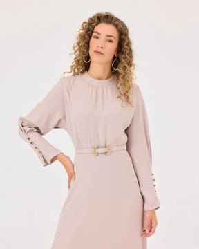 SEÇİL SIFIR YAKA KEMERLİ ELBİSE