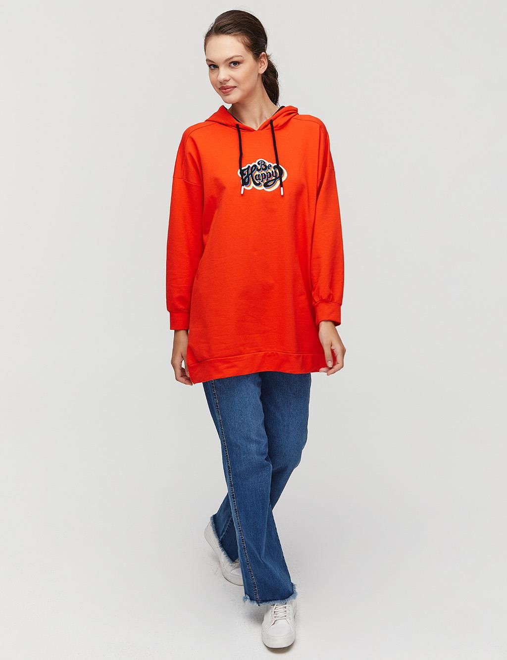 KAYRA Be Happy Slogan Baskılı Sweatshirt Turuncu