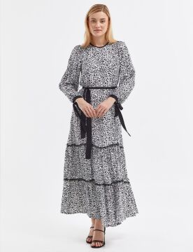 KAYRA Kuşaklı Animal Print Elbise Siyah