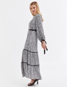 KAYRA Kuşaklı Animal Print Elbise Siyah