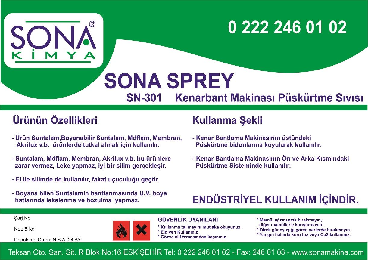 SN-301 SONA SPREY Kenar Bantlama Makinesi Giriş -Çıkış Solventi  5 KG