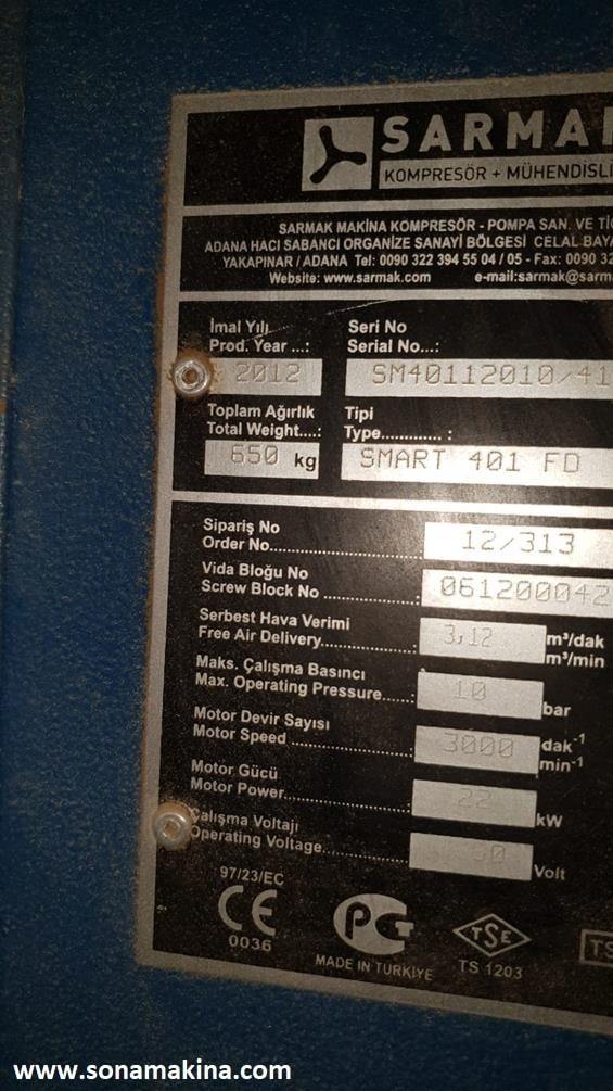 SARMAK SMART 401 FD 22 KW Vidalı Komprosör  + Tank + Kurutucu (2012) 10 Bar