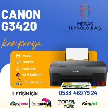 CANON Pixma Megatank G3420 Yazıcı/ Tarayıcı/ Fotokopi/ Renkli/ Wi-Fi Mürekkep Püskürtmeli Yazıcı