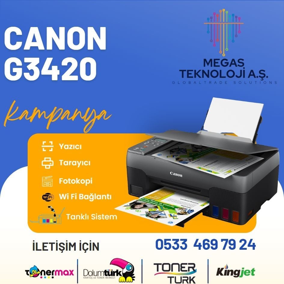 CANON Pixma Megatank G3420 Yazıcı/ Tarayıcı/ Fotokopi/ Renkli/ Wi-Fi Mürekkep Püskürtmeli Yazıcı