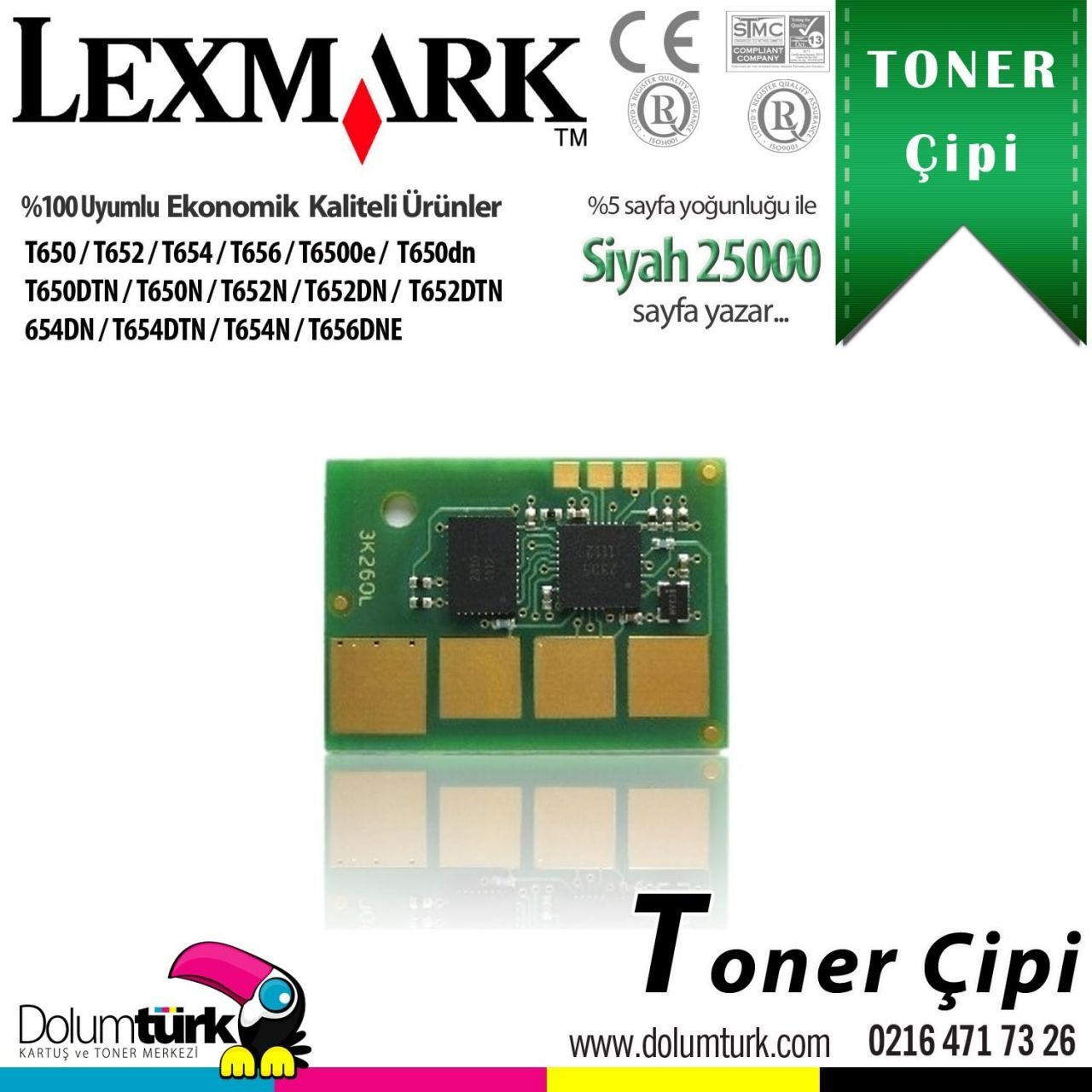 Lexmark T650H11E / T650 / T652 / T654 / T656 / T6500e / T650dn / T650DTN / T650N / T652N T652DN /  T652DTN /  / 654DN / T654DTN T654N / T656DNE Toner Çipi