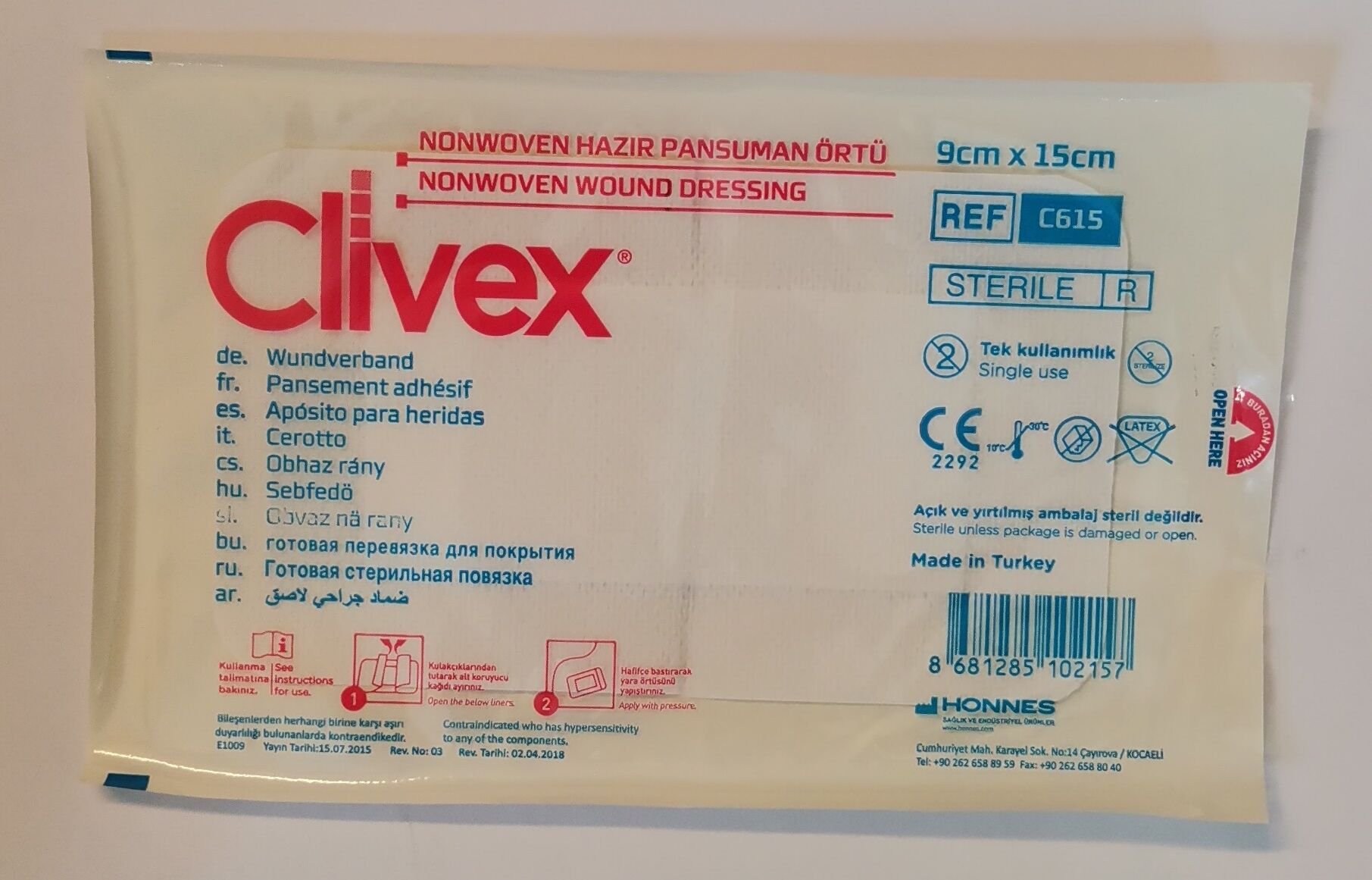 Clivex 9 x 15 cm steril haz r pansuman yara rt s 1 adet non woven