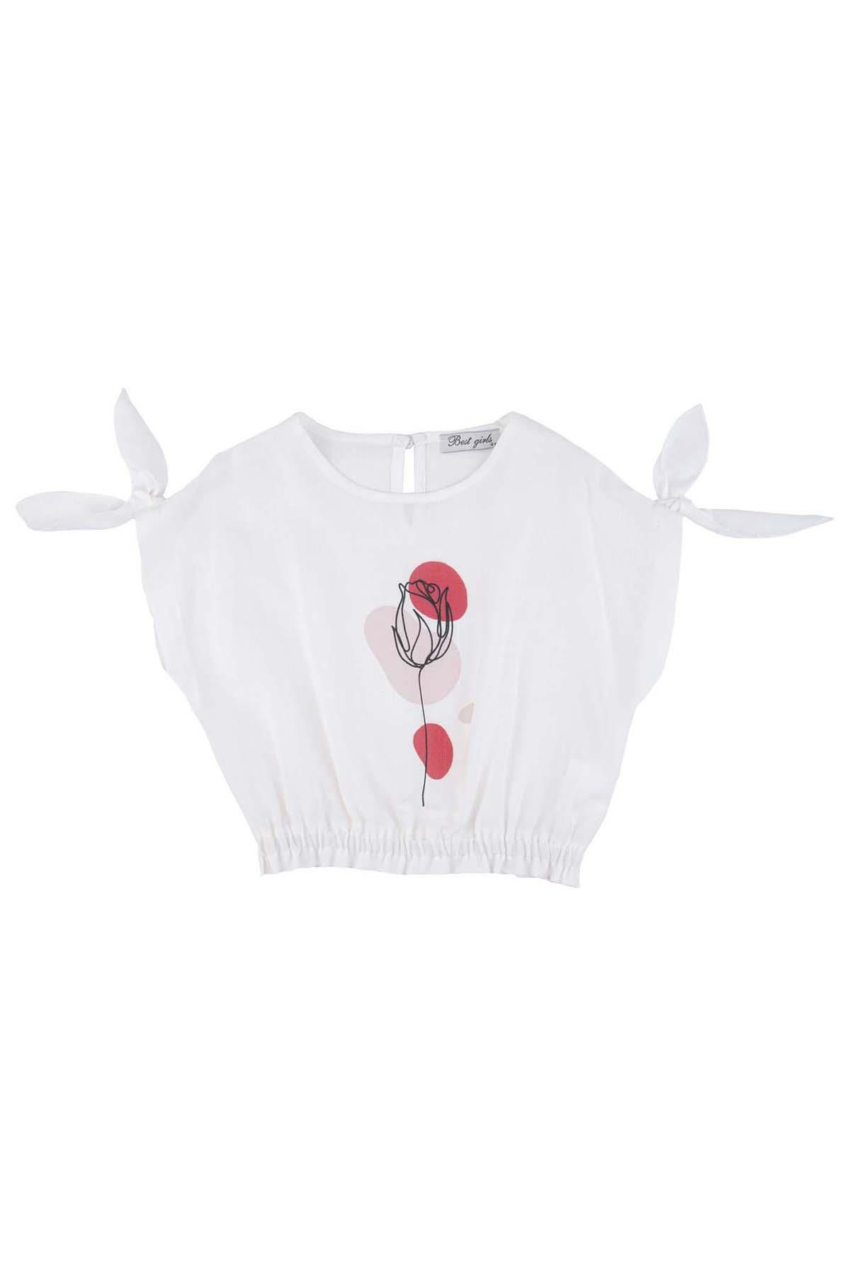 KIZ ÇOCUK BASKILI BELDEN LASTİKLİ CROP BLUZ