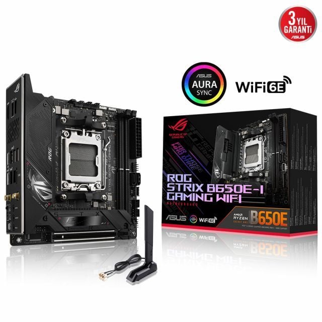 ASUS ROG STRIX B650E-I GAMING WIFI AMD B650 AM5 DDR5 6400 HDMI 2X M2 USB3.2 WİFİ 6E BT AURA RGB 2.5GBİT LAN MİNİ ITX ARMOURY CRATE AI SUİTE 3 İKİ YÖNLÜ AI SES ENGELLEYİCİ MİK.