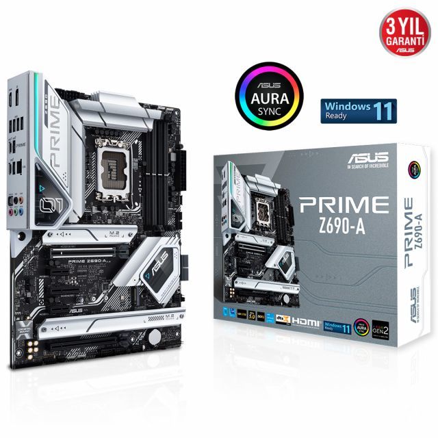 ASUS PRIME Z690-A Intel Z690 LGA1700 DDR5 6000 DP HDMI 3x M2 USB3.2 AURA RGB 2.5Gbit LAN ATX PCIe5.0, 16+1 Güç Aşaması, İki Yönlü AI Ses Engelleyici Mik.