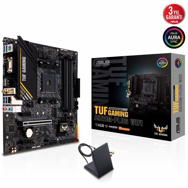 ASUS TUF GAMING A520M-PLUS WIFI AMD A520 AM4 DDR4 4800 DP HDMI VGA M2 USB3.2 AC WIFI BT AURA RGB MATX 128GB KADAR RAM DESTEĞİ ASUS TUF PROTECTION