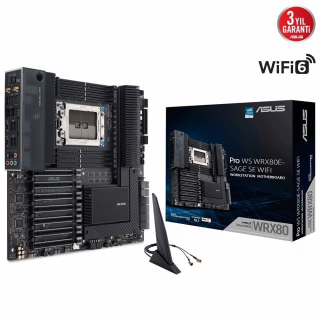 ASUS PRO WS WRX80E-SAGE SE WIFI AMD WRX80 SWRX8 DDR4 3200 3X M2 USB3.2 AX WİFİ + BT 2 X 10GBİT EATX 2048GB’A KADAR RAM DESTEĞİ ASMB9-İKVM İLE UZAKTAN YÖNETİM DESTEĞİ AMD RYZEN THREADRİPPER PRO İŞLEMCİ DESTEĞİ