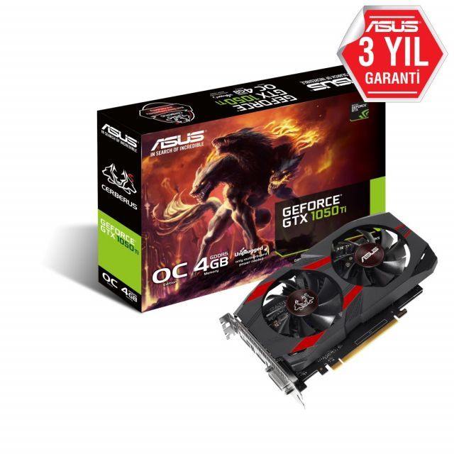 ASUS GEFORCE CERBERUS-GTX1050TI-O4G 4GB GDDR5 128bit 1480Mhz OC 1xDVI 1xHDMI 1xDP EKRAN KARTI