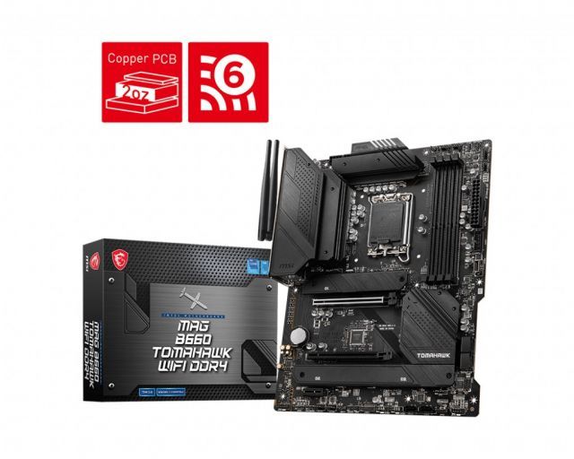 MSI MAG B660 TOMAHAWK WIFI DDR4 SOKET 1700 DDR4 4800 (OC) PCI-E Gen 4 ,M.2 USB3.2 1x 2.5G LAN Wi-Fi 6 ATX