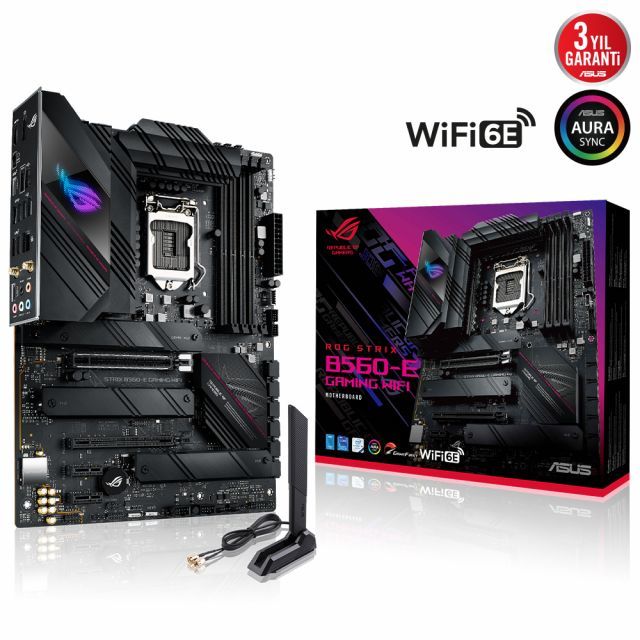 ASUS ROG STRIX B560-E GAMING WIFI INTEL B560 LGA1200 DDR4 5333 DP HDMI 3X M2 USB3.2 AX WİFİ BT AURA RGB 2.5GB INTEL ATX 128GB KADAR RAM DESTEĞİ İKİ YÖNLÜ AI SES ENGELLEYİCİ MİC.