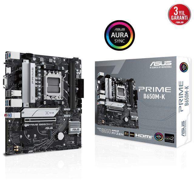 ASUS MB PRIME B650M-K AMD B650 AM5 DDR5 6400 DP VGA 2x M2 USB3.2 AURA RGB 2.5Gbit LAN mATX 96GB’a KADAR RAM DESTEGI ASUS 5X PROTECTION III