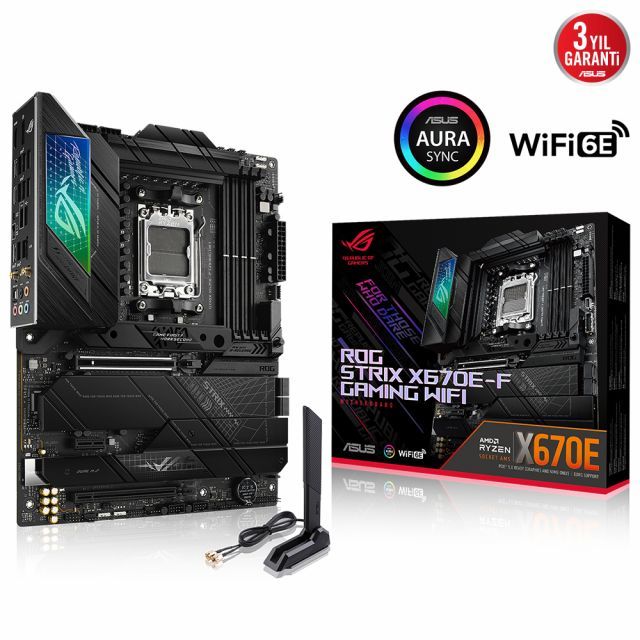 ASUS MB ROG STRIX X670E-F GAMING WIFI AMD X670E AM5 DDR5 6400 DP HDMI 4X M2 USB3.2 WİFİ 6E AURA RGB 2.5GBİT LAN ATX 128GB’A KADAR RAM DESTEĞİ PCIE5.0 ASUS 5X PROTECTION III