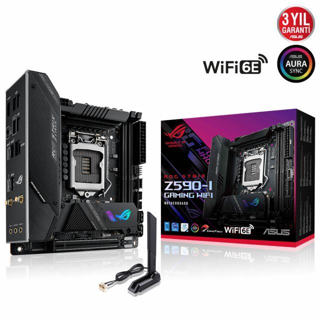 ASUS ROG STRIX Z590-I GAMING WIFI INTEL Z590 LGA1200 DDR4 5000 HDMI ÇİFT M2 USB3.2 AX WİFİ BT AURA RGB 2.5GB INTEL MİNİ ITX THUNDERBOLT