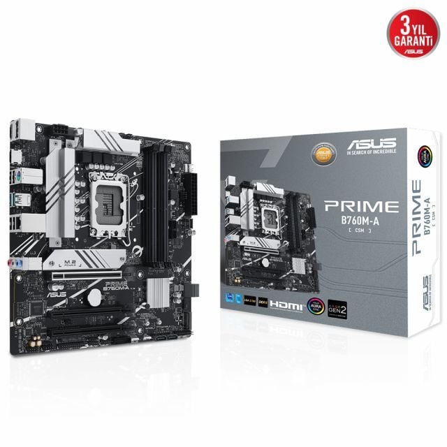 ASUS PRIME B760M-A-CSM INTEL B760 LGA1700 DDR5 7200 HDMI VGA 2x M2 USB3.2 AURA RGB 2.5Gbit LAN mATX ASUS 5X PROTECTION III Ücretsiz Uzaktan Yönetim Yazılımı