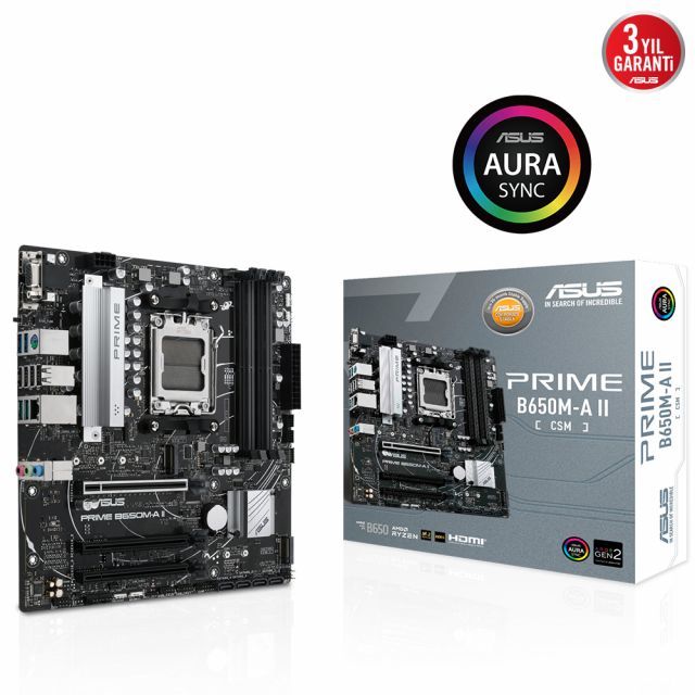 ASUS ASUS PRIME B650M-A II-CSM AMD B650 AM5 DDR5 6400 DP HDMI VGA CIFT M2 USB3.2 AURA RGB 2.5Gbit LAN mATX UCRETSIZ UZAKTAN YONETIM YAZILIMI ASUS 5X PROTECTION III