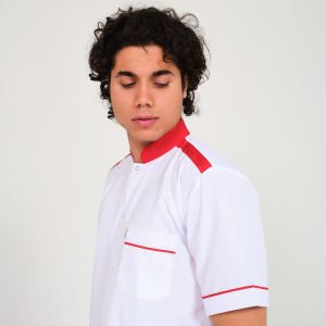 Beyaz Komi İş Ceketi - Kırmızı Garni