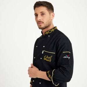 Siyah Altın Varak Motifli Hakim Yaka Chef Ceketi