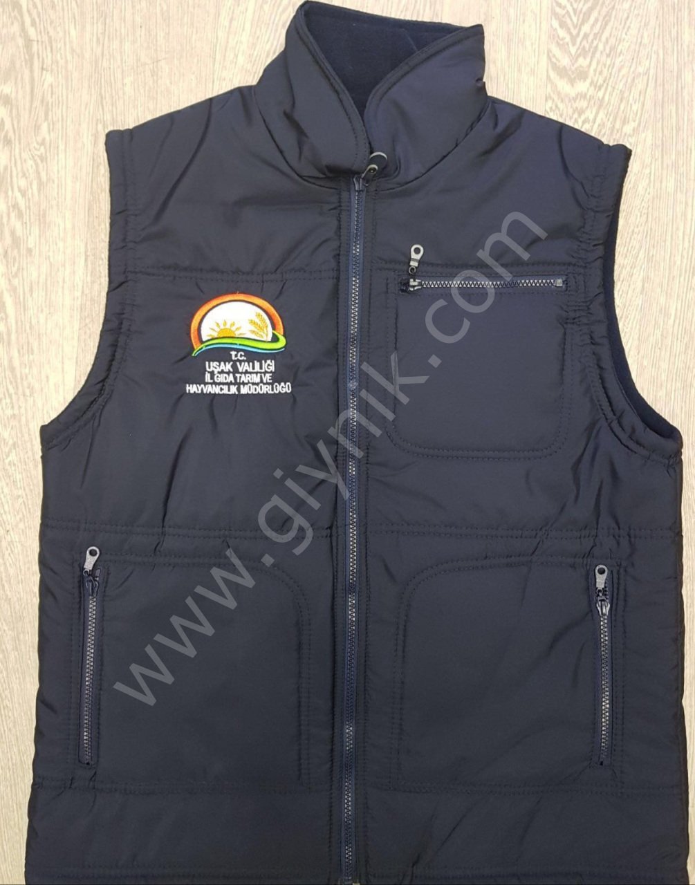 Lacivert Dik Yaka Cepli Nakışlı Anorak Yelek