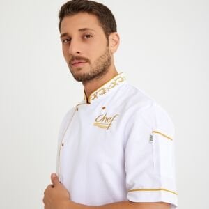 Beyaz Altın Varak Motifli Kısa Kol Aşçı Ceketi