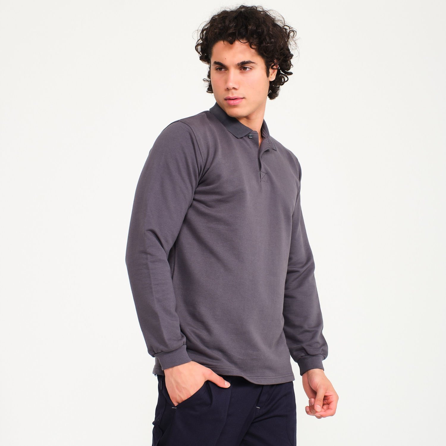 Füme Üç İplik Polo Yaka Uzun Kol Sweatshirt