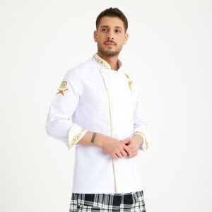 Beyaz Lale Motifli Aşçı Ceketi
