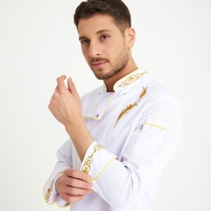 Beyaz Lale Motifli Aşçı Ceketi