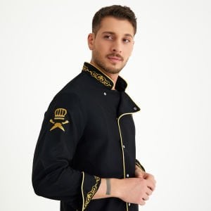 Siyah Lale Motifli Hakim Yaka Aşçı Ceketi