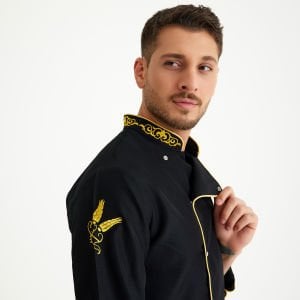 Siyah Altın Varak Motifli Hakim Yaka Aşçı Ceketi