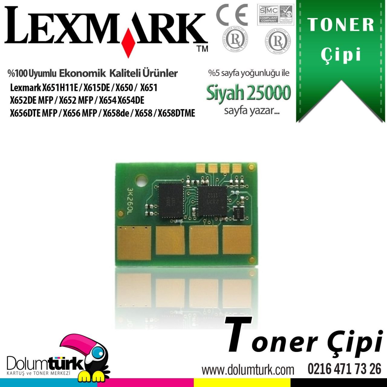 Lexmark X651H11E / X650 / X651 / X652 / X654 / X656 / X658 Toner Çipi 25K