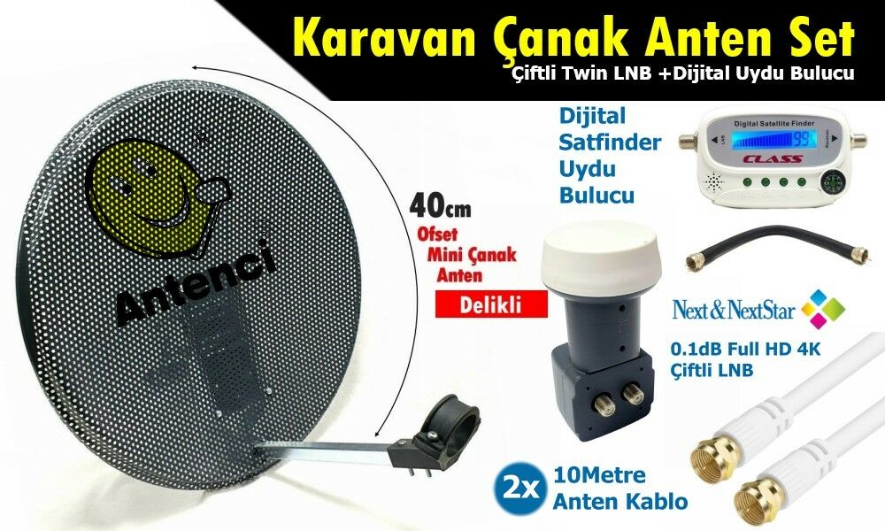 Antenci 40cm Delikli Karavan Çanak Anten Seti Çiftli LNB +Digital Uydu Bulucu