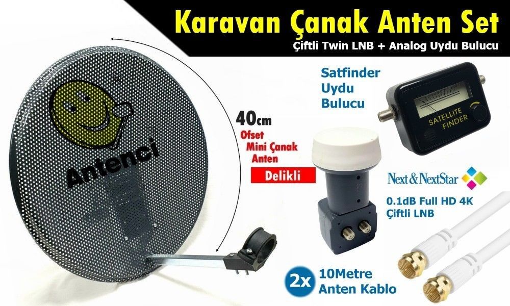 Antenci 40cm Delikli Karavan Çanak Anten Seti Çiftli LNB +Analog Uydu Bulucu