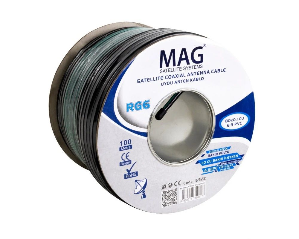 Mag RG6U6 Cu Siyah-Yeşil Çizgili Bakır Anten Kablosu 100Metre 80Tel