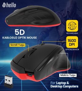 Hello HL-4701 2.4GHZ 1600DPI Şarjlı 5D Kablosuz Optik Mouse