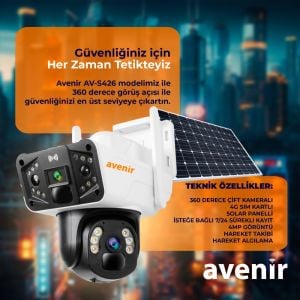 Avenir AV-S426 360° Güneş Panelli 4G Sim Kartlı Solar PTZ 4MP Çift Kamera