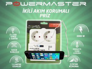 Powermaster 1.5Metre 2xUsb Girişli 2'li Akım Korumalı Priz