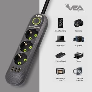 Vea VA-21557 3xUSB'li 3'lü 1.5 Metre Akım Korumalı Priz Siyah