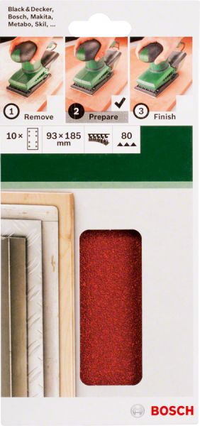 Bosch - Titreşimli Zımpara Kağıdı 10'lu, 93 x 185 mm 80 Kum 8 Delik 2609256A82