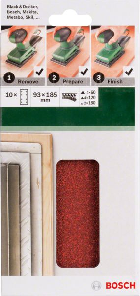 Bosch - Titreşimli Zımpara Kağıdı 10'lu Set, 93 x 185 mm 60 120 180 Kum 8 Delik 2609256A86