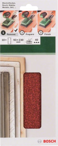 Bosch - Titreşimli Zımpara Kağıdı 10'lu, 93 x 230 mm 40 Kum 8 Delik 2609256A94