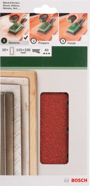 Bosch - Titreşimli Zımpara Kağıdı 10'lu, 115 x 230 mm 40 Kum 14 Delik 2609256B19