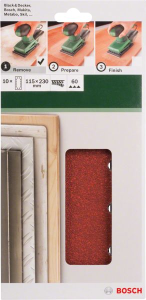 Bosch - Titreşimli Zımpara Kağıdı 10'lu, 115 x 230 mm 60 Kum 14 Delik 2609256B20