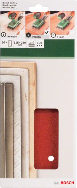 Bosch - Titreşimli Zımpara Kağıdı 10'lu, 115 x 280 mm 120 Kum 14 Delik 2609256B29