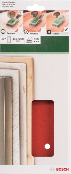 Bosch - Titreşimli Zımpara Kağıdı 10'lu, 115 x 280 mm 180 Kum 14 Delik 2609256B30