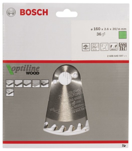 Bosch - Optiline Serisi Ahşap için Daire Testere Bıçağı 160*20 16 mm 36 Diş 2608640597