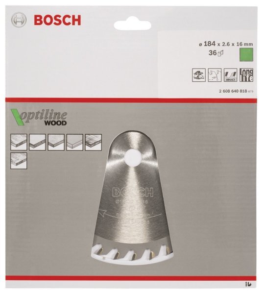Bosch - Optiline Serisi Ahşap için Daire Testere Bıçağı 184*16 mm 36 Diş 2608640818