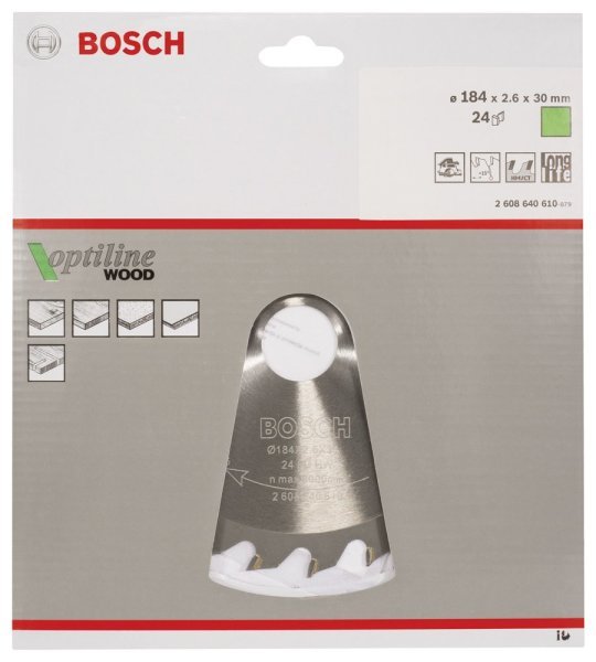 Bosch - Optiline Serisi Ahşap için Daire Testere Bıçağı 184*30 mm 24 Diş 2608640610